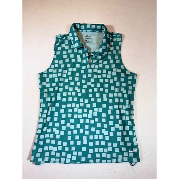 Nike Tops - Nike Dri Fit Sleeveless Golf Polo Shirt Women's Large Teal White Squares